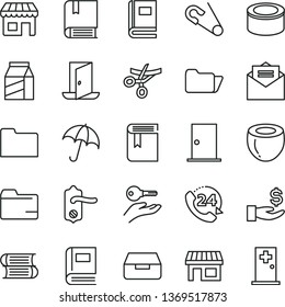 thin line vector icon set - folder vector, book, open pin, e, books, door knob, ntrance, received letter, umbrella, drawer, 24, package, canned goods, half of coconut, kiosk, stall, get a wage, exit