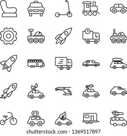 thin line vector icon set - truck lorry vector, Baby chair, motor vehicle, present, toy train, tricycle, child Kick scooter, car, delivery, eco, environmentally friendly transport, electric, retro