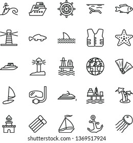 thin line vector icon set - anchor vector, small fish, sea port, commercial seaport, lighthouse, coastal, planet, sand castle, sail boat, beach, palm tree, starfish, flippers, diving mask, surfing