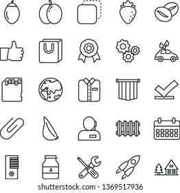 thin line vector icon set - small tools vector, new radiator, thumb up, bag with handles, folded shirt, clip, copy, garlic, coffee beans, jar of jam, apple, raspberry, tamarillo, planet, gears