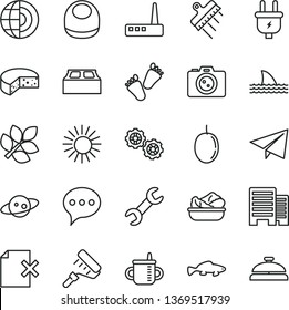 thin line vector icon set - paper airplane vector, mug for feeding, baby bib, children's tracks, gears, paint roller, buildings, building block, spatula, speech, delete page, cheese, small fish, sun