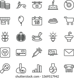 thin line vector icon set - camera vector, rocking horse, balloon, cake, washbasin, power socket type b, calendar, kiosk, onion, mint, half pomegranate, shopping cart, antique advertising signboard