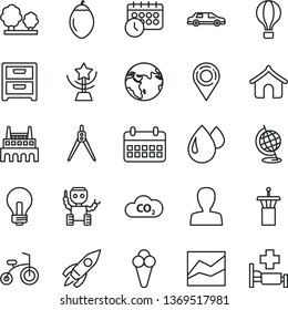 thin line vector icon set - incandescent lamp vector, woman, line chart, child bicycle, nightstand, cone, tamarillo, trees, industrial factory, drop, CO2, location, rocket, calendar, schedule clock