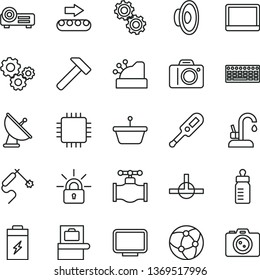thin line vector icon set - camera vector, loudspeaker, feeding bottle, electronic thermometer e, kitchen faucet, hammer, charging battery, valve, production conveyor, gas welding, pan, gears, cpu