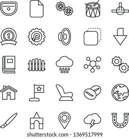 thin line vector icon set - tassel vector, house, downward direction, loudspeaker, car child seat, cloud, box of bricks, drum, gears, sink, star gear, hedge, storm, copy, coffee beans, planet, file