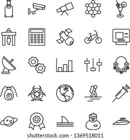 thin line vector icon set - telescope vector, gears, settings, satellite, bactery, biohazard, scientist, calculator, growth graph, medal, antenna, saturn, syringe, 3d cube, earth, bike, backpacker