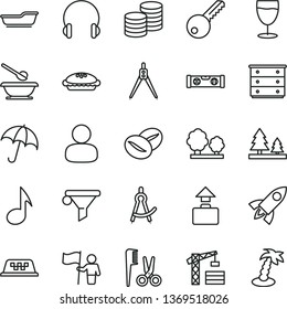 thin line vector icon set - chest of drawers vector, bath, accessories for a hairstyle, plates and spoons, tower crane, key, building level, headphones, umbrella, coins, pie, coffee beans, glass