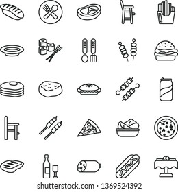 thin line vector icon set - a chair for feeding vector, child, iron fork spoons, sausage, fried vegetables on sticks, pizza, piece of, Hot Dog, burger, pie, lettuce in plate, bacon, chop, barbecue