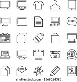 thin line vector icon set - laptop vector, monitor, window, calendar, paper bag, clean, scribbled, received letter, T shirt, hanger, label, copy, antique advertising signboard, pencil, speech, bang