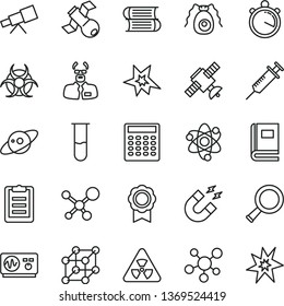thin line vector icon set - books vector, test tube, telescope, molecule, atom, nuclear, zoom, satellite, bactery, book, biohazard, oscilloscope, magnet, scientist, clipboard, calculator, medal