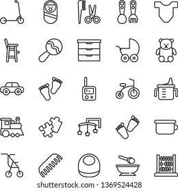 thin line vector icon set - toys over the cot vector, storage unit, measuring cup for feeding, baby bib, Child T shirt, beanbag, stroller, sitting, accessories a hairstyle, comb, motor vehicle