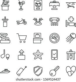 thin line vector icon set - motorcycle vector, airport tower, security gate, baggage scanner, passort control, passport, phone registration, rolling case, beach, cocktail, aquapark, hospital bed