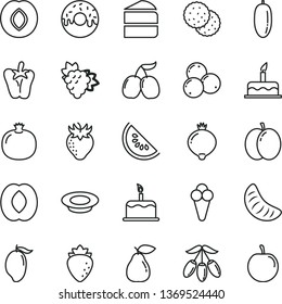 thin line vector icon set - cake vector, piece of, glazed with a hole, plate milk, peper, cone, biscuit, apple, pomegranate, branch grape, pear, plum, raspberry, strawberry, medlar, blueberries