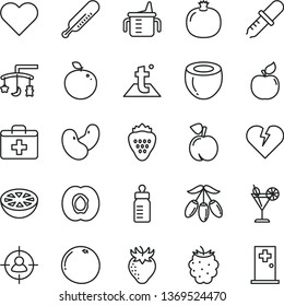 thin line vector icon set - first aid kit vector, toys over the cradle, measuring cup for feeding, bottle, mercury thermometer, temperature, heart, broken, cocktail, strawberry, peach, half apricot
