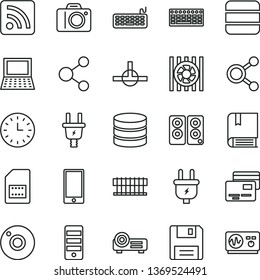 thin line vector icon set - camera vector, rss feed, e, smartphone, cards, plug, electric, SIM card, connection, connections, wall watch, notebook pc, radiator fan, keyboard, tower, speaker, connect