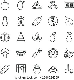 thin line vector icon set - stacking toy vector, cucumber, a glass of tea, pear, strawberry, rose hip, water melon, mango, slice, tasty plum, half kiwi, sour lime, hot pepper, carrot, broccoli, leaf