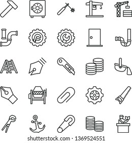 thin line vector icon set - clip vector, safety pin, crane, tower, concrete mixer, adjustable wrench, hand saw, ladder, siphon, ntrance door, gear, star, stationery knife, hammer, anchor, strongbox