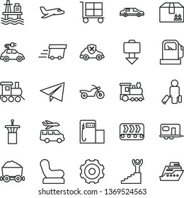 thin line vector icon set - truck lorry vector, cargo trolley, paper airplane, Baby chair, toy train, cardboard box, sea port, gas station, modern, conveyor, electric car, autopilot, with coal