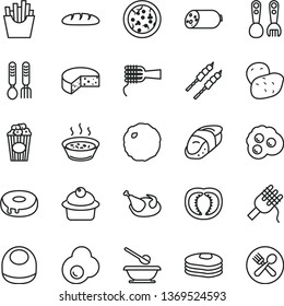 thin line vector icon set - baby bib vector, plates and spoons, plastic fork, iron, sausage, cheese, loaf, pizza, spaghetti, noodles, muffin, cake with a hole, porridge in saucepan, chicken, cabbage