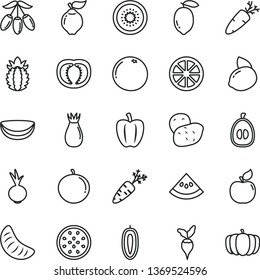 thin line vector icon set - beet vector, carrot, quince, apricot, rose hip, goji berry, tangerine, slice of, half loquat, sweet date fruit, lemon, yellow, juicy, kiwi, passion, piece coconut, tomato
