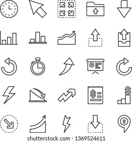 thin line vector icon set - lightning vector, downward direction, growth up, clockwise, counterclockwise, upload archive data, folder, timer, size, move, down, right bottom arrow, chart, recession