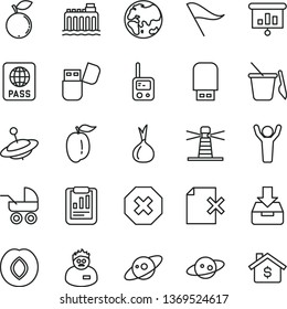 thin line vector icon set - mark of injury vector, wind direction indicator, baby carriage, toy phone, children's sand set, yule, passport, put in a box, delete page, plum, blueberry, ripe, onion