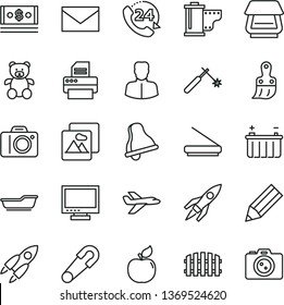 thin line vector icon set - bell vector, monitor, camera, envelope, roll, safety pin, bath, teddy bear, plastic brush, fence, picture, 24, apricot, battery, welding, woman, pencil, cash, printer