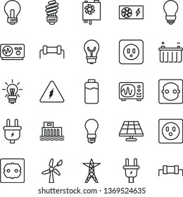 thin line vector icon set - incandescent lamp vector, saving light bulb, power socket type b, f, charge level, solar panel, wind energy, battery, hydroelectric station, line, plug, electric