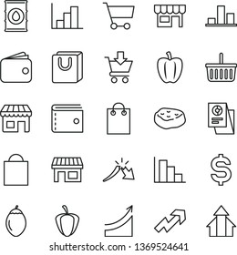 thin line vector icon set - paper bag vector, grocery basket, purse, growth up, negative histogram, positive, put in cart, with handles, kiosk, piece of meat, tamarillo, Bell pepper, ripe, oil