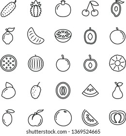 thin line vector icon set - cucumber vector, pear, cherry, ripe peach, pomegranate, quince, tasty mulberry, water melon, slice of, half mango, delicious plum, tangerine, lemon, yellow, passion fruit