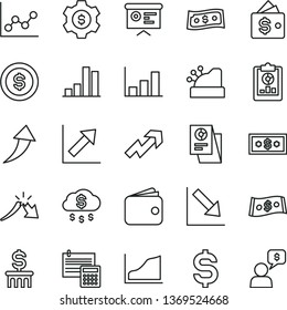 thin line vector icon set - growth up vector, graph, chart, negative, calculation, bar, a crisis, statistical overview, denomination of the dollar, wallet, research, cashbox, financial report, arrow