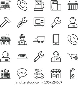 thin line vector icon set - repair key vector, builder, workman, building trolley, hammer, speech, smartphone, phone call, operator, gas station, modern, battery, industrial enterprise, steel, kiosk