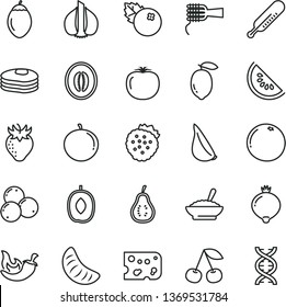 thin line vector icon set - mercury thermometer vector, piece of cheese, noodles, a bowl buckwheat porridge, chili, garlic, blueberries, strawberries, pancakes, cherry, strawberry, medlar, half, dna