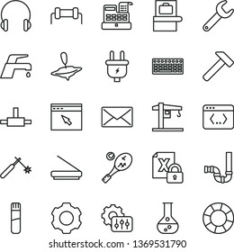 thin line vector icon set - small yule vector, crane, siphon, faucet mixer, hammer, headphones, flask, plug, welding, repair key, cash machine, encrypting, keyboard, scanner, browser, connect, mail