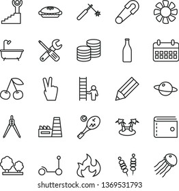 thin line vector icon set - purse vector, safety pin, Kick scooter, small tools, bath, coins, planet, fried vegetables on sticks, pie, cherry, trees, thermal power plant, welding, Glass bottle, fan