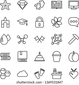 thin line vector icon set - footprints vector, box of bricks, birthday cake, Puzzle, e, books, bucket, hammer, lock, book, screen, honeycombs, apple, drop, speech, cloud, molecule, graduate hat
