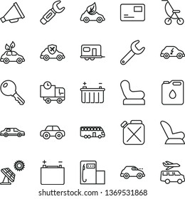 thin line vector icon set - horn vector, Baby chair, car child seat, summer stroller, motor vehicle, key, pass card, delivery, big solar panel, modern gas station, accumulator, battery, canister