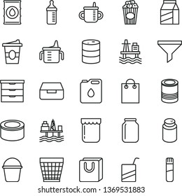 thin line vector icon set - wicker pot vector, storage unit, mug for feeding, measuring cup, bottle, powder, e, bucket, drawer, bag with handles, package, canned goods, tin, of popcorn, coffe to go