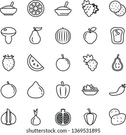 thin line vector icon set - mushroom vector, a bowl of buckwheat porridge, rice, plate fruit, orange slice, biscuit, sandwich, half pomegranate, grape, branch, red apple, fig, tasty raspberry, plum
