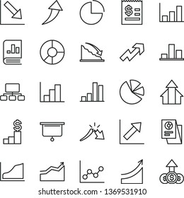 thin line vector icon set - growth up vector, pie chart, graph, negative, histogram, bar, recession, a crisis, scheme, article on the dollar, ring diagram, charts, book statistics, arrow, arrows