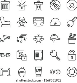 thin line vector icon set - mark of injury vector, spectacles, scales, toys over the cot, nappy, Baby chair, winter hat, warm, helmet, dust bin, lock, key, encrypting, glasses, biohazard, uv cream