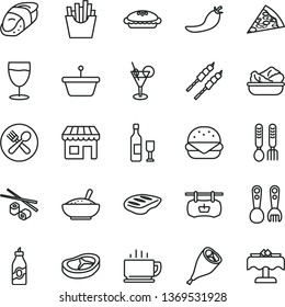 thin line vector icon set - plastic fork spoons vector, iron, coffee, piece of pizza, big burger, pie, a bowl rice porridge, lettuce in plate, grill chicken leg, bacon, chop, barbecue, French fries