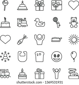 thin line vector icon set - heart symbol vector, bib, rubber duck, teddy bear, baby toy train, children's, balloon, birthday cake, gift, Easter, slice, Chupa Chups, giftbox, man hold world, hands up