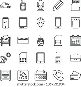 thin line vector icon set - desktop microphone vector, calendar, bank card, rss feed, toy phone, mobile, concrete mixer, smartphone, nightstand, jam, big solar panel, retro car, SIM, location, call