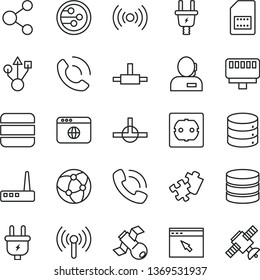 thin line vector icon set - Puzzle vector, power socket type f, big data, phone call, plug, electric, SIM card, connection, dispatcher, usb, router, network, browser, connect, lan connector