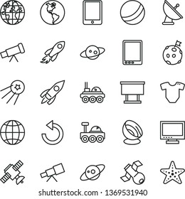 thin line vector icon set - monitor vector, counterclockwise, t short, bath ball, earth, planet, billboard, rocket, space, tablet pc, telescope, satellite, antenna, saturn, lunar rover, flag on moon