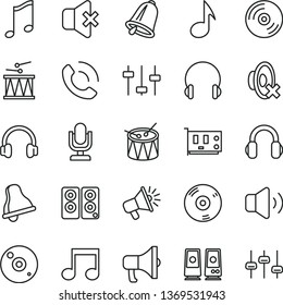 thin line vector icon set - bell vector, desktop microphone, silent mode, drumroll, drum, headphones, music, CD, volume, no sound, phone call, megaphone, loudspeaker, pc card, speaker, note