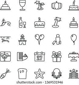 thin line vector icon set - daily calendar vector, colored air balloons, balloon, cake, birthday, Easter, torte, glass, pumpkin, gift, giftbox, sand castle, wine, champagne, passenger, hotel, beach