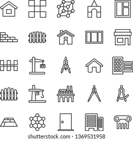 thin line vector icon set - house vector, box of bricks, dwelling, brick wall, window, frame, ntrance door, buildings, city block, tile, ceramic tiles, fence, hedge, paving slab, tower crane, store
