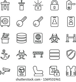 thin line vector icon set - Baby chair vector, key, door knob, road fence, lock, anchor, passport, strongbox, encrypting, big data, biohazard, airport tower, rope barrier, identity card, access
